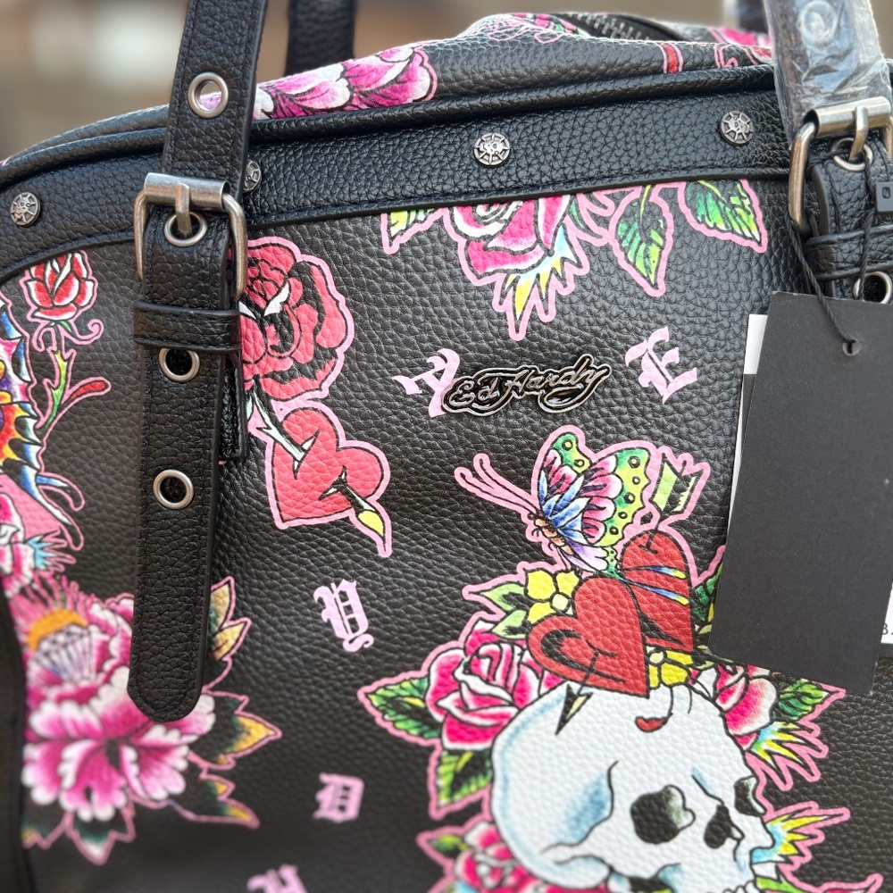 NWT-Ed Hardy Skull & Roses Duffel Bag | Tattoo Art Print | Y2K Alternative Trave - Picture 6 of 6
